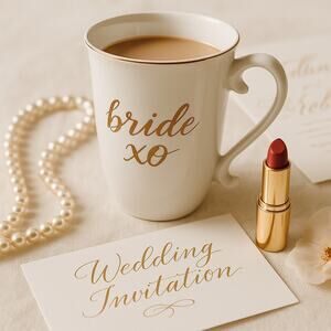 Williams Sonoma “Bride XO” Porcelain Coffee Mug – 14 oz Metallic Gold Script